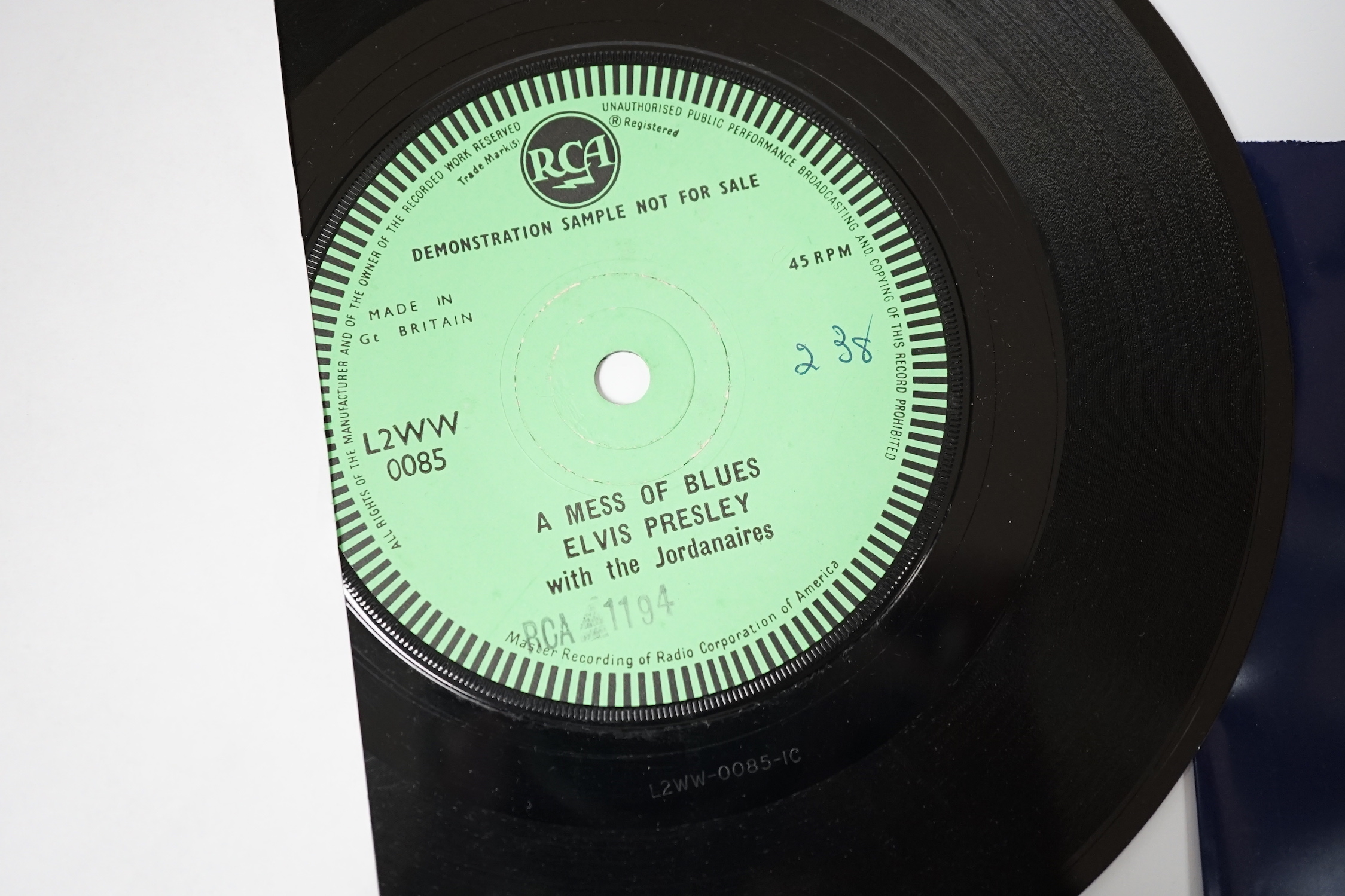 Three Elvis Presley original RCA Demonstration Record one sided 7” singles; It’s Now or Never (L2WW 0100), One Night (H2WB 0415) and A Mess of Blues (L2WW 0085)